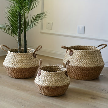 Grass flower pots weaving cattail grass corn rope big belly basket large potted green plant flower pot set basket storage basket