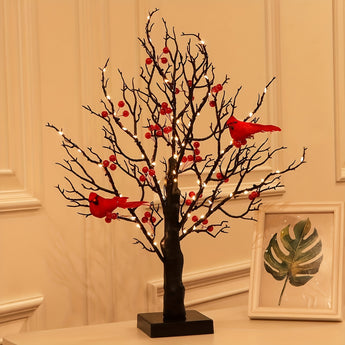 21" LED Bonsai Tree with 60 Lights & Red Bird - Black Artificial Birch Tabletop Decor for Indoor, Home, Office & Holiday Parties