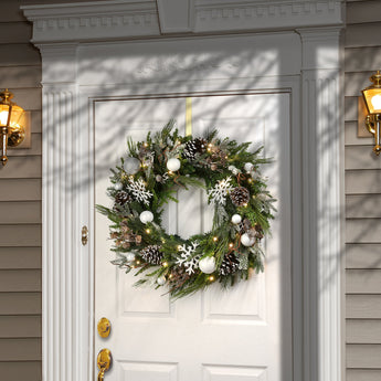 30 in. Pre-Lit Alpine Decorated Wreath with Warm White LED Lights