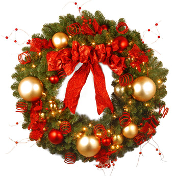 36 in. Pre-Lit Decorative Collection Cozy Christmas Wreath with Red and Clear Lights