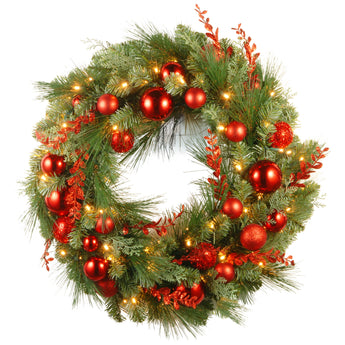 30 in. Pre-Lit Christmas Red Mixed Wreath with Warm White LED Lights