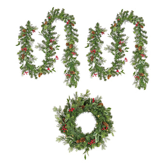 9 ft. Pre-Lit First Traditions Holly Berry Wreath and Garland Assortment