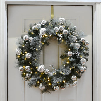 30 in. Pre-Lit Frosted Silver Pine Wreath with LED Lights