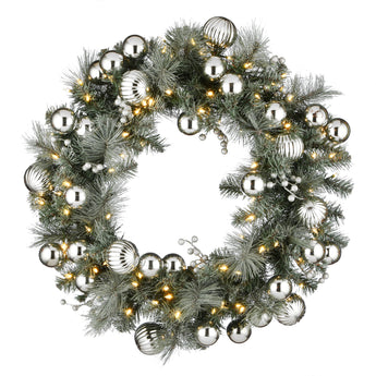 30 in. Pre-Lit Frosted Silver Pine Wreath with LED Lights