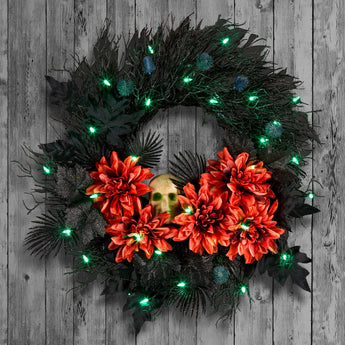 Halloween  24inch Artificial Boo-tiful Wreath with Orange Florals and White Skull, 30 Green LED Lights, Battery Operated