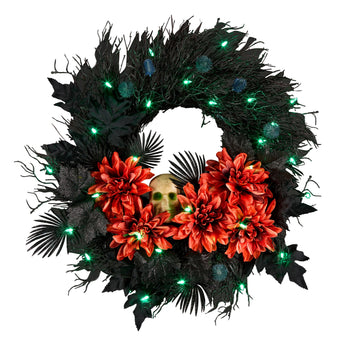 Halloween  24inch Artificial Boo-tiful Wreath with Orange Florals and White Skull, 30 Green LED Lights, Battery Operated