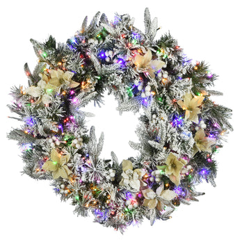 30 in. Pre-Lit Frosted Colonial Fir Wreath with Dual Color LED Cosmic Lights