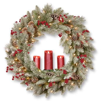 36 in. Pre-Lit Snowy Bristle Berry Wreath with Three Candle