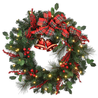 30 in. Pre-Lit Plaid Bow Wreath with LED Lights