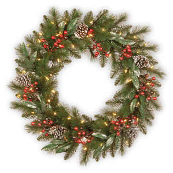 30 in. Pre-Lit Frosted Pine Berry Wreath with LED Lights